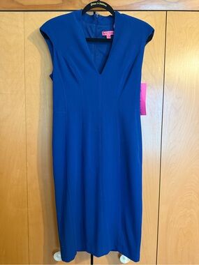 Betsy Johnson Structured Royal Blue V-Neck Sheath Dress